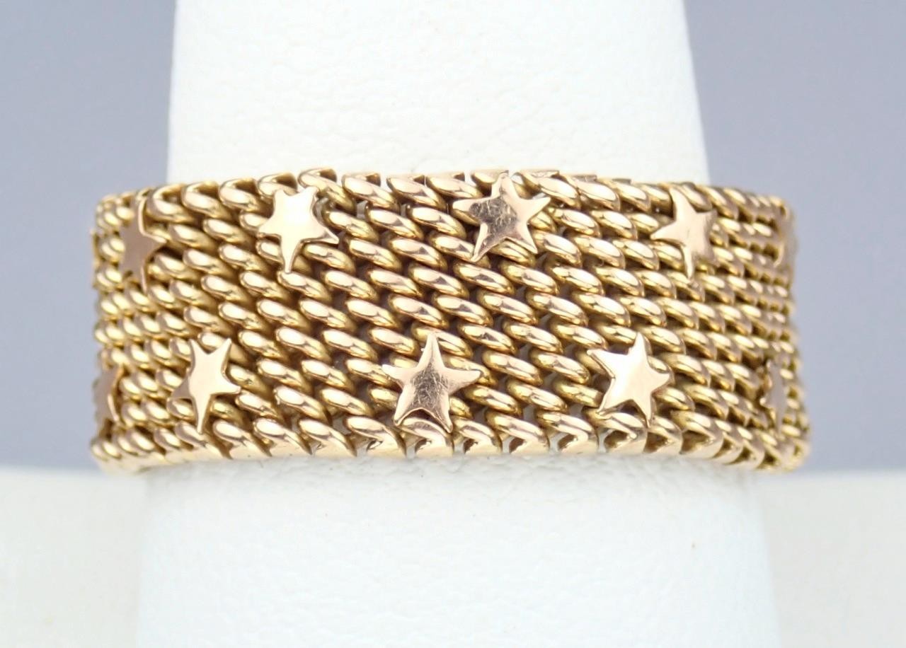 Fine Vintage Italian Solid 18K Gold Floating Stars Celestial Woven Mesh Ring 11
