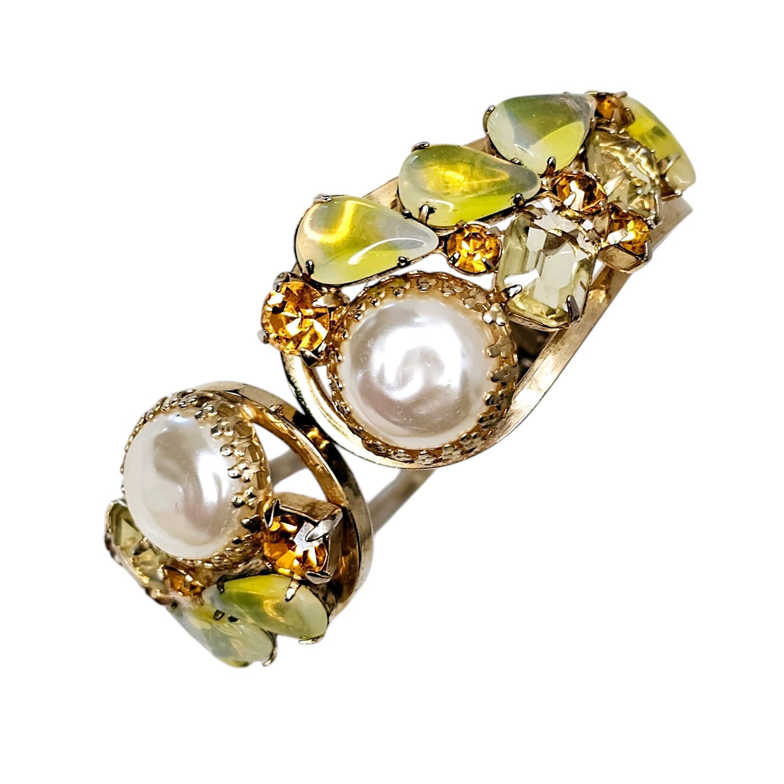 Vintage Juliana DeLizza & Elster Pearls Opalescent Rhinestone Clamper Bracelet