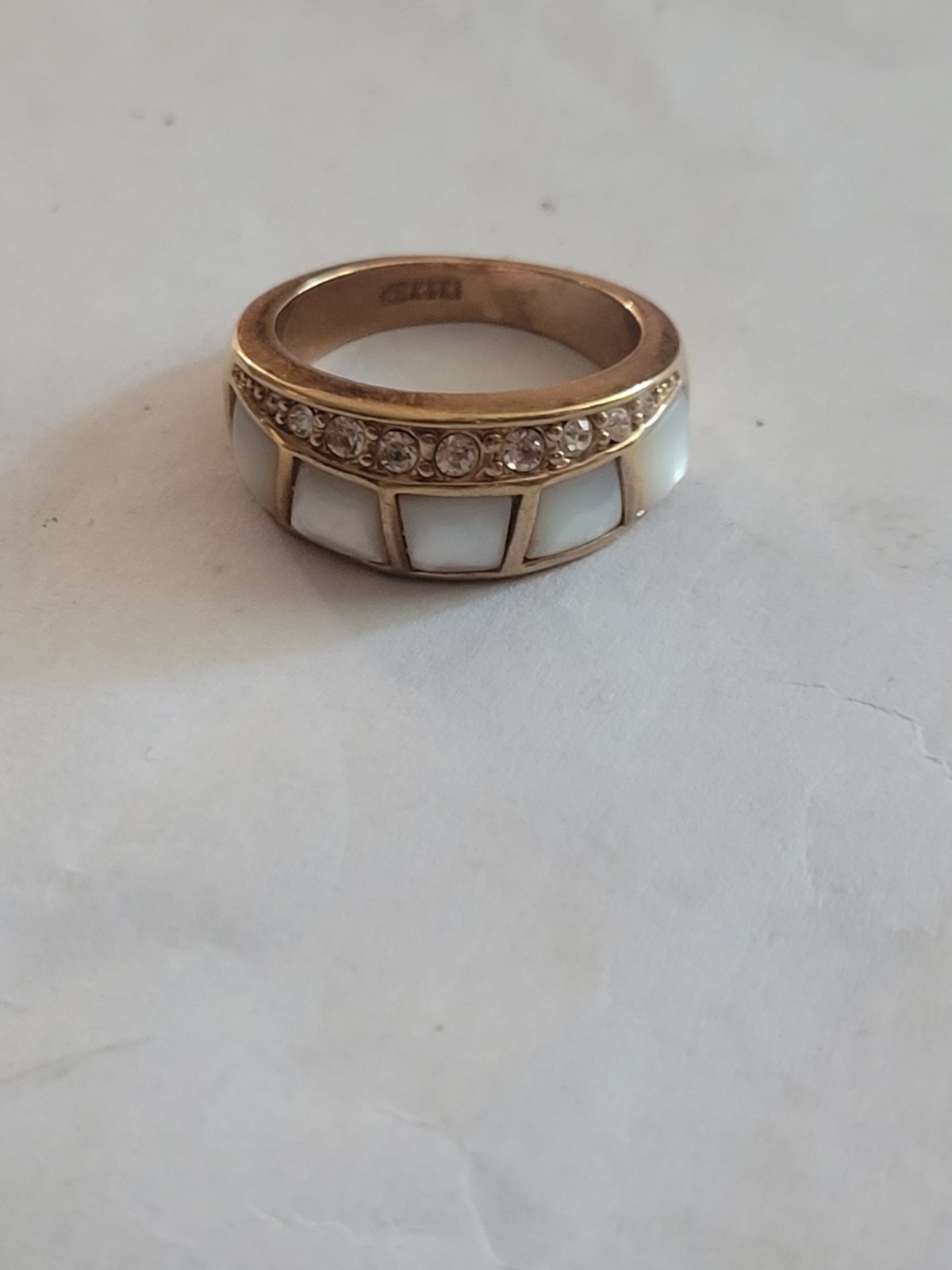 Vintage 18K Rolled Gold Plate Ring Wt 7.4 Grams Mop Inlay / Rhinestone Size 8