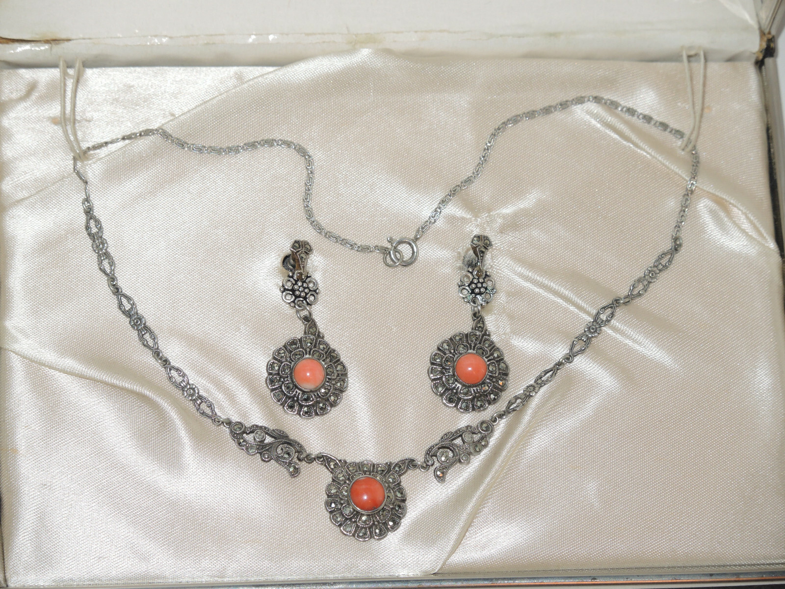 Art Deco Set Sterling Silver Germany Pendant & Earrings with Coral & Marcasites