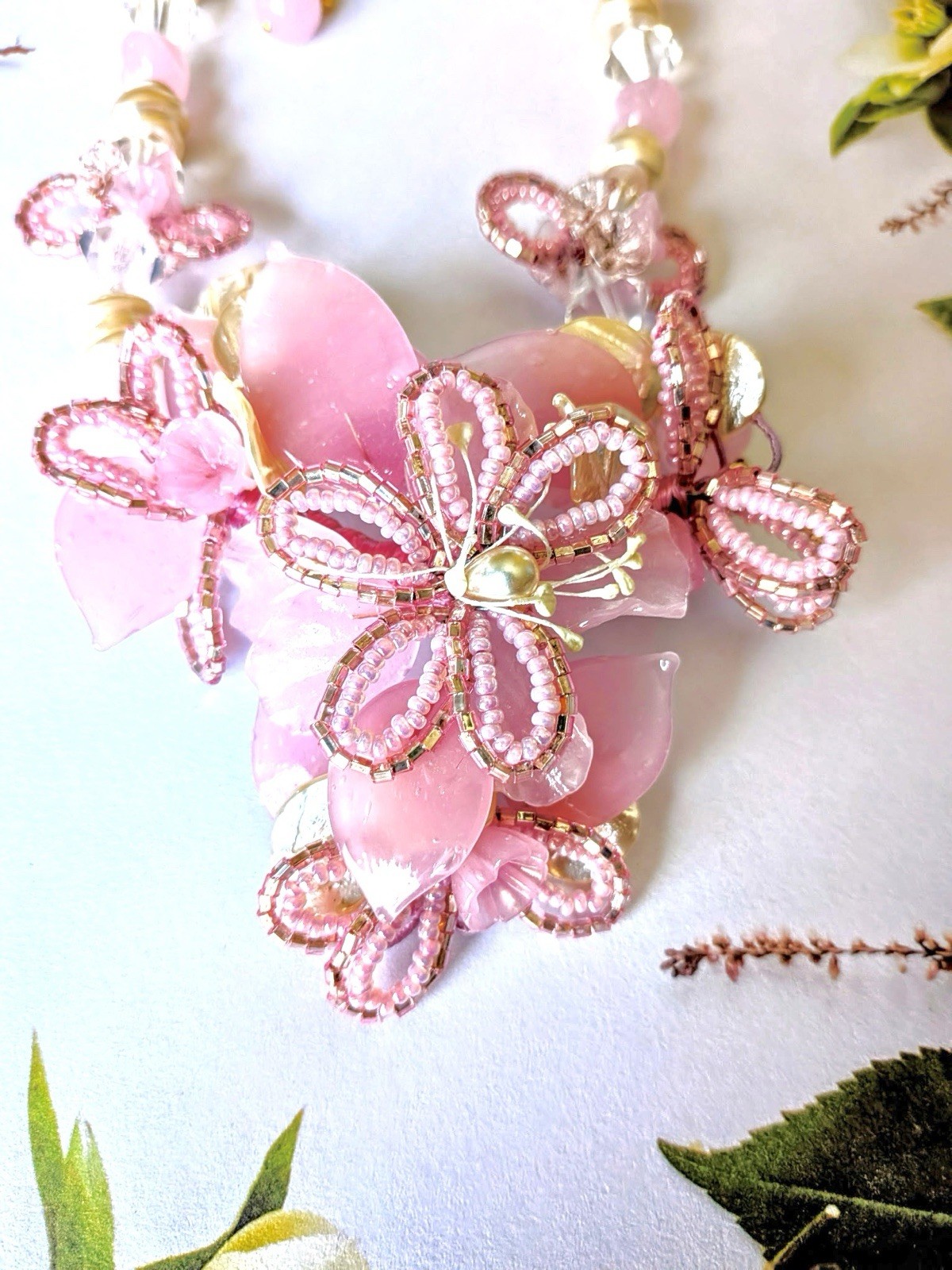 Vintage Venetian Milky Pink Flower Bead Art Glass Necklace 15″ + 3″ Extender