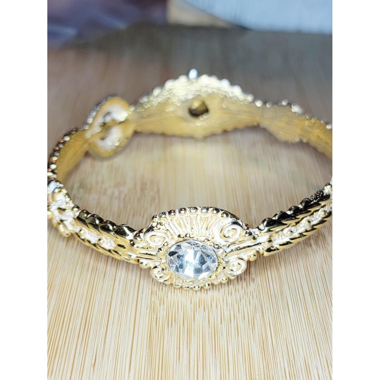 Vintage Gold Tone Rhinestone Bracelet White Enamel Ornate Hinged Bangle