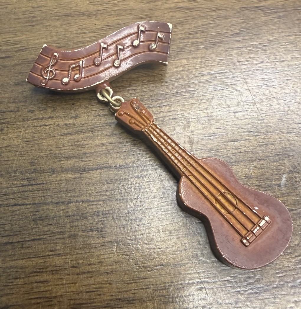 Vintage Guitar Brooch Pin Dangling Musical Notes Retro Music Celluloid