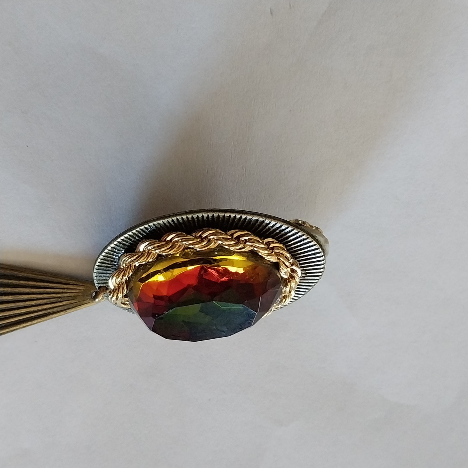 Vtg Bronze Tone Clip On Earrings Chain Multicolor Cabochon Fan Design Tassel 3″