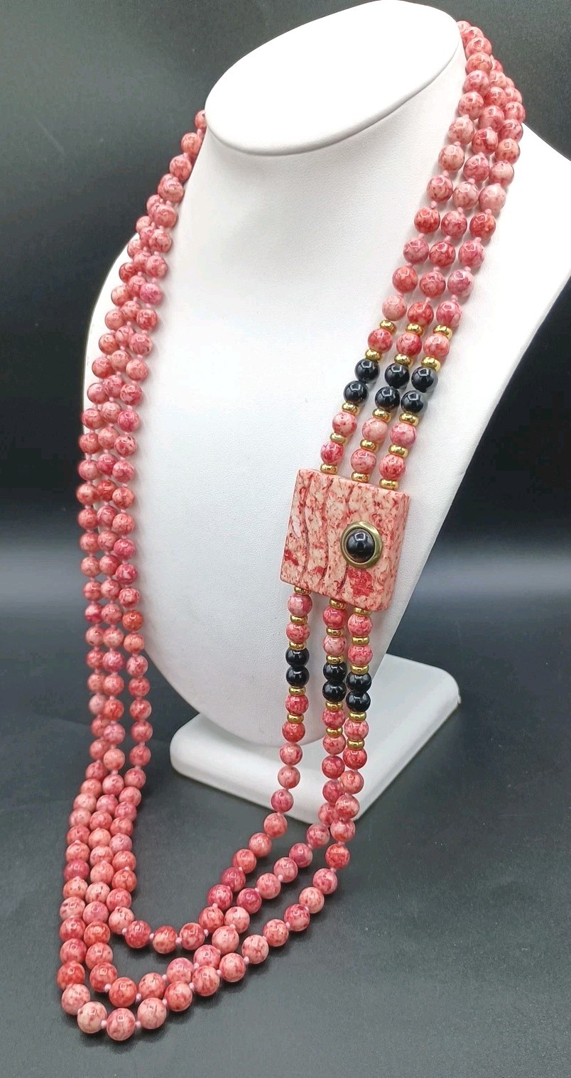 Vintage Pink Stone Necklace Beaded Multi Strand Side Pendant Hook Clasp