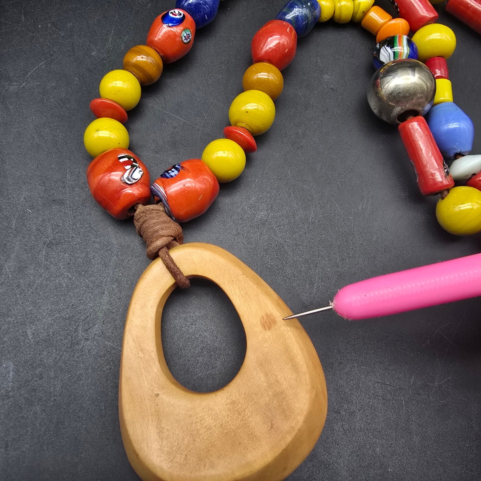 Colorful Glass Ceramic Beaded Necklace with Wood Pendant