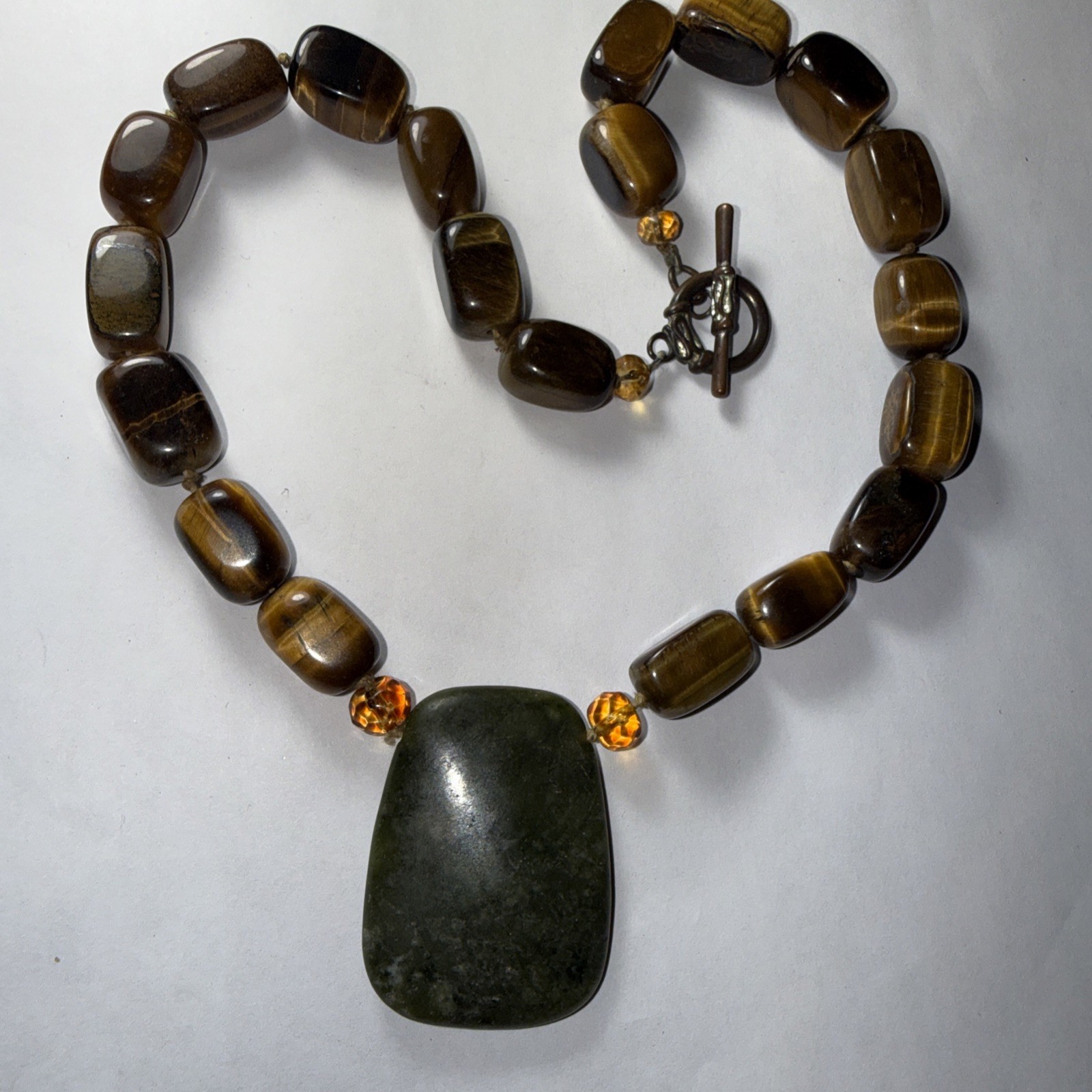 Necklace Big Jade Pendant Big Tigers Eye Beads Faceted Citrine Crystal 17” Old