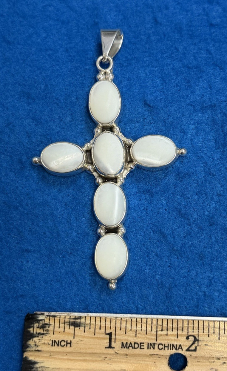 Vintage Sterling Silver Mother of Pearl Oval Cross Pendant