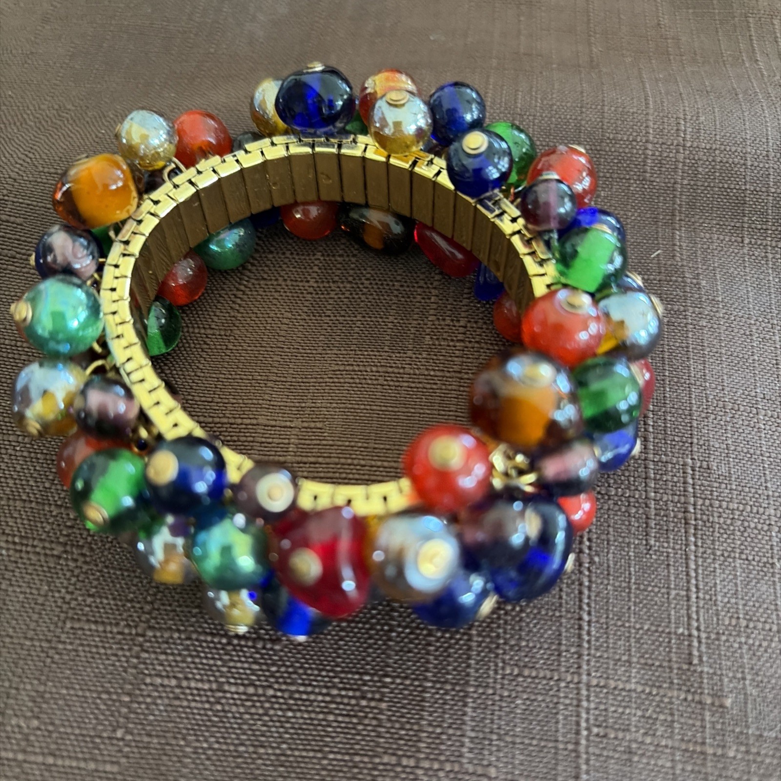 Vintage Multi-Color, Glass Bead Expansion Band Gold-Tone Bracelet