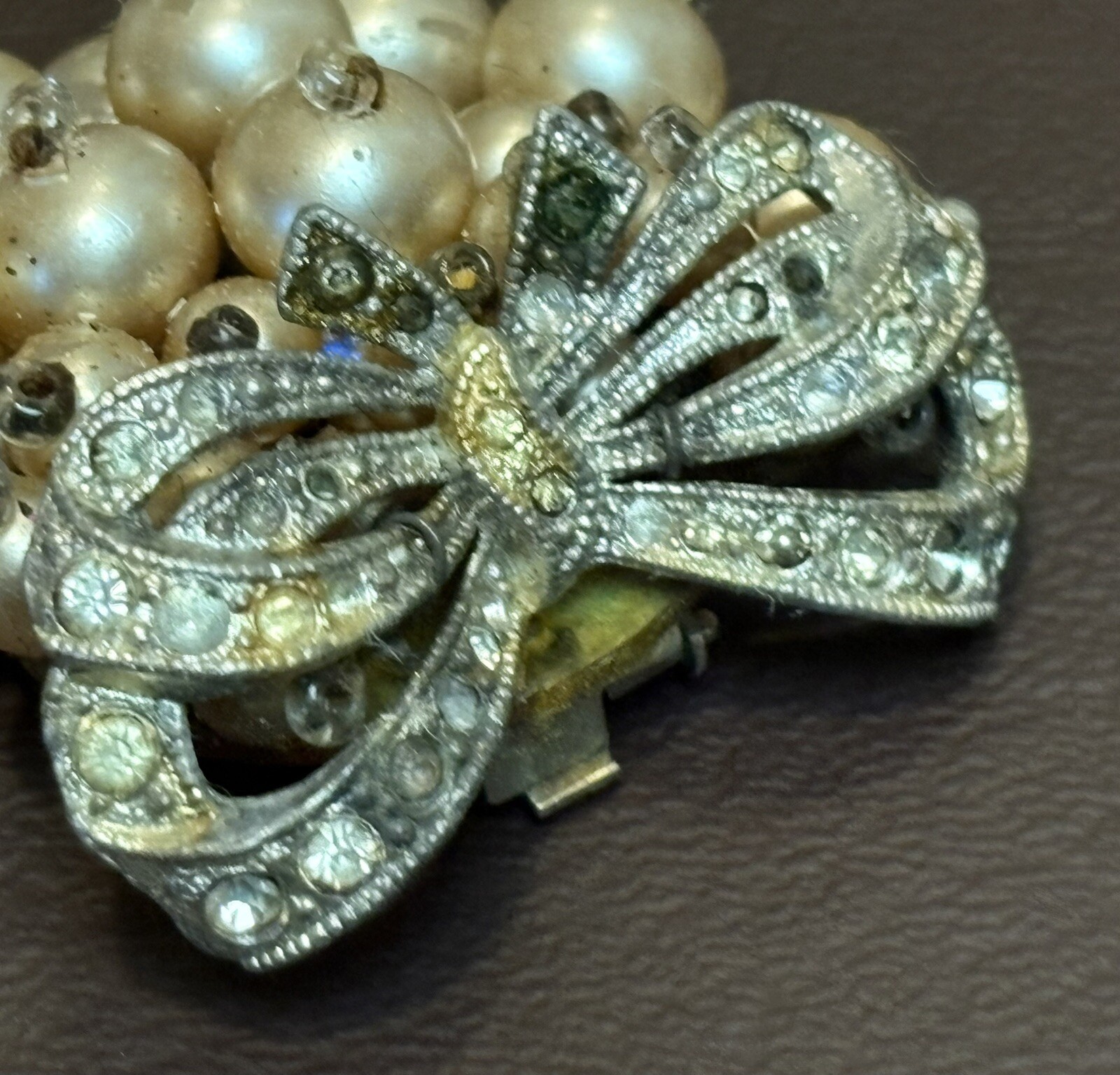 VTG Early Unsigned Haskell Dress Clip Bow Faux Pearl Rhinestone Silver Tone READ