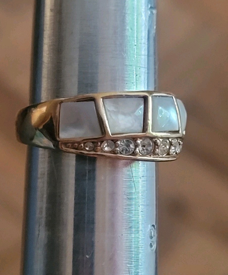 Vintage 18K Rolled Gold Plate Ring Wt 7.4 Grams Mop Inlay / Rhinestone Size 8