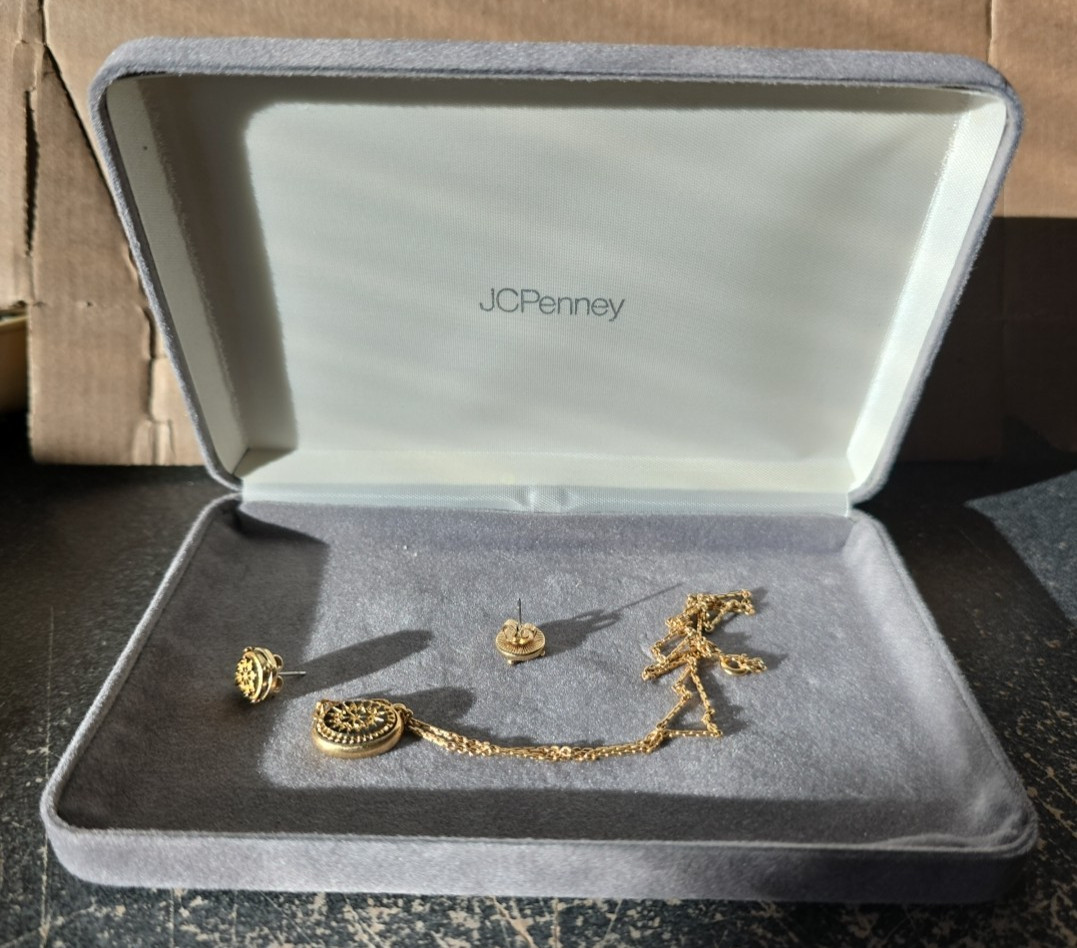 Vintage Avon Gold Colored Metal Necklace & Earring Set in JCPenney Jewelry Case