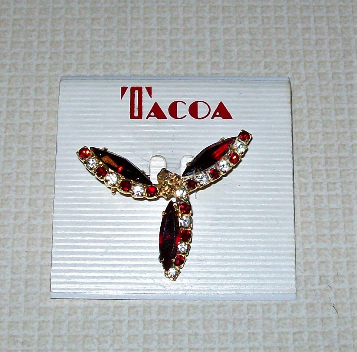 Vintage New on Card Tacoa Gold Tone Metal Red Clear Rhinestone Pin Brooch