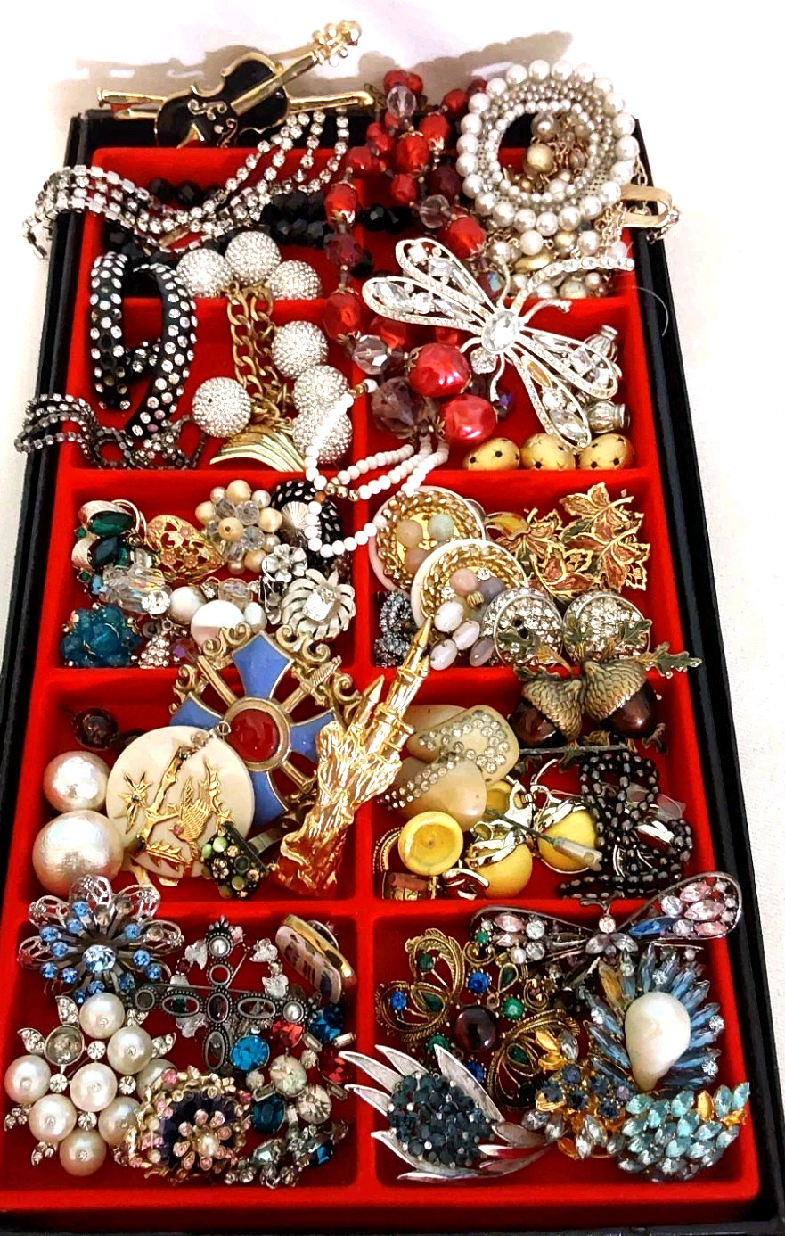 Vintage Rhinestone Necklace Brooch Earring Unique Mix Few Signed Repair Lot