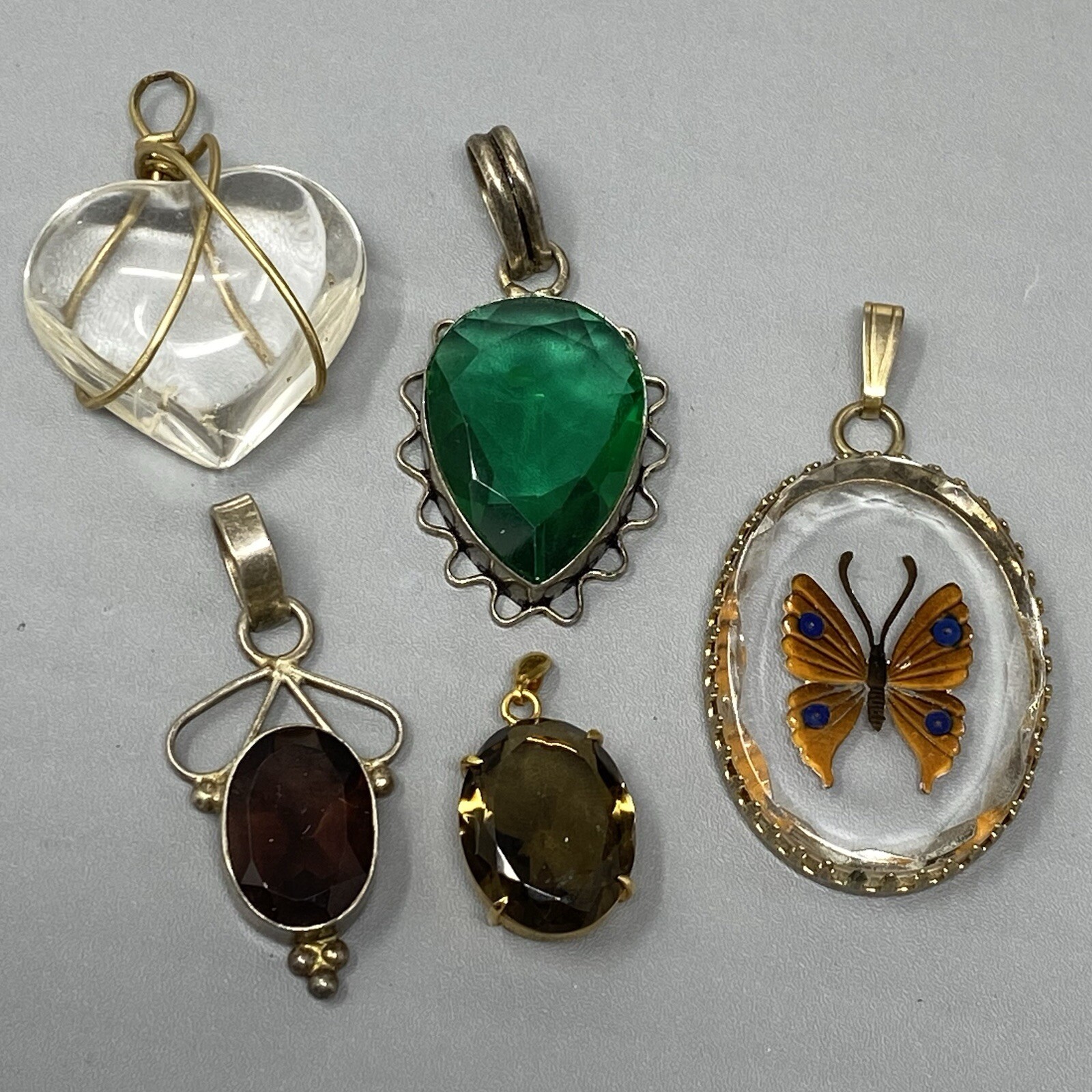 Pedant Lot of 5 Mixed Stone Glass Boho Artisan No Chain Quartz Heart Butterfly