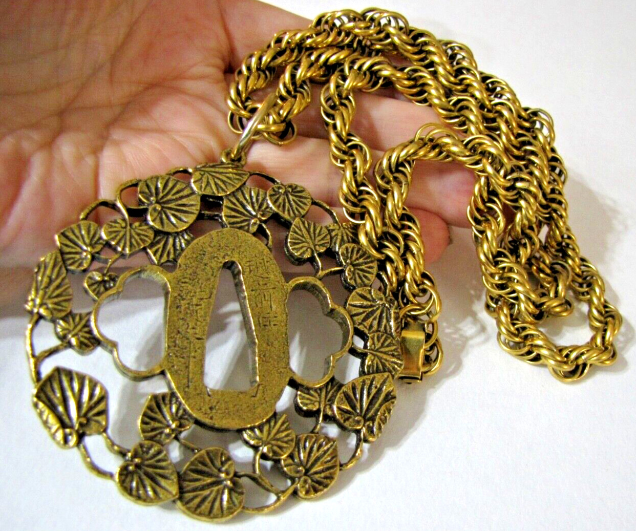 Vintage Alva Museum Replica Hollyhock Tsuba Pendant 30″ Rope Chain Signed Huge