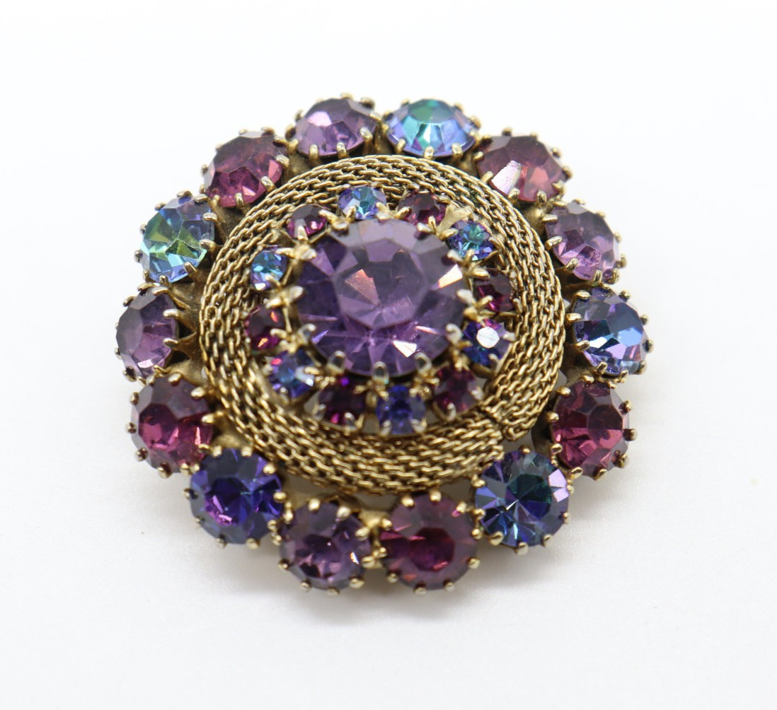 Vintage Weiss Blue Red Purple Iridescent Rhinestone Circle Pin Brooch