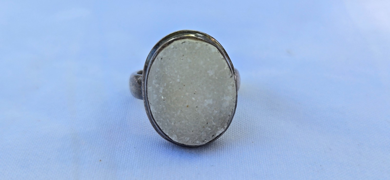 Vintage 925 Sterling Silver Agate Druzy Geode Stone Smooth Border Ring US Size 6