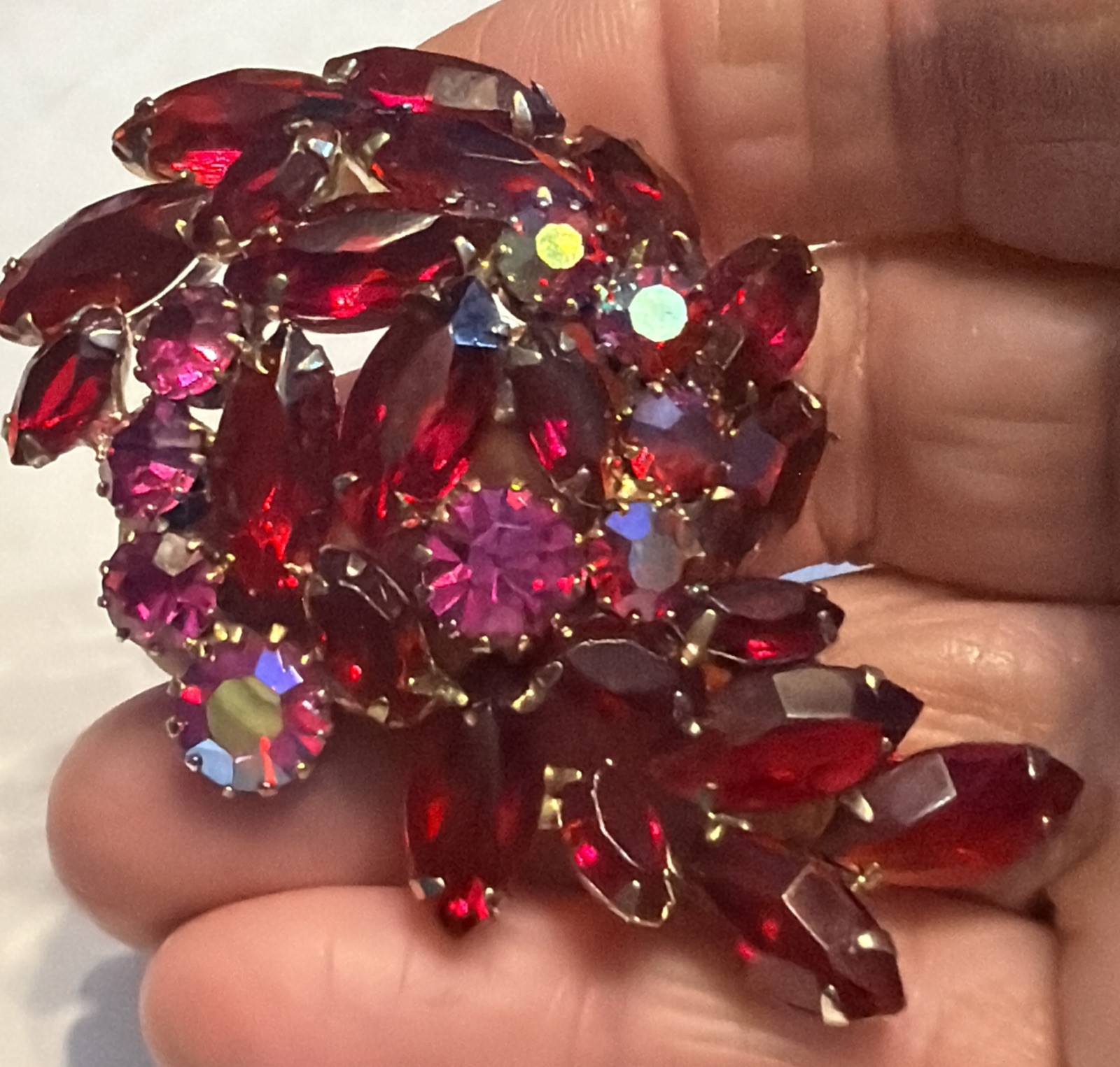 Stunning Vintage Juliana ? Flower Brooch Red Navettes AB Pink Rhinestones K15