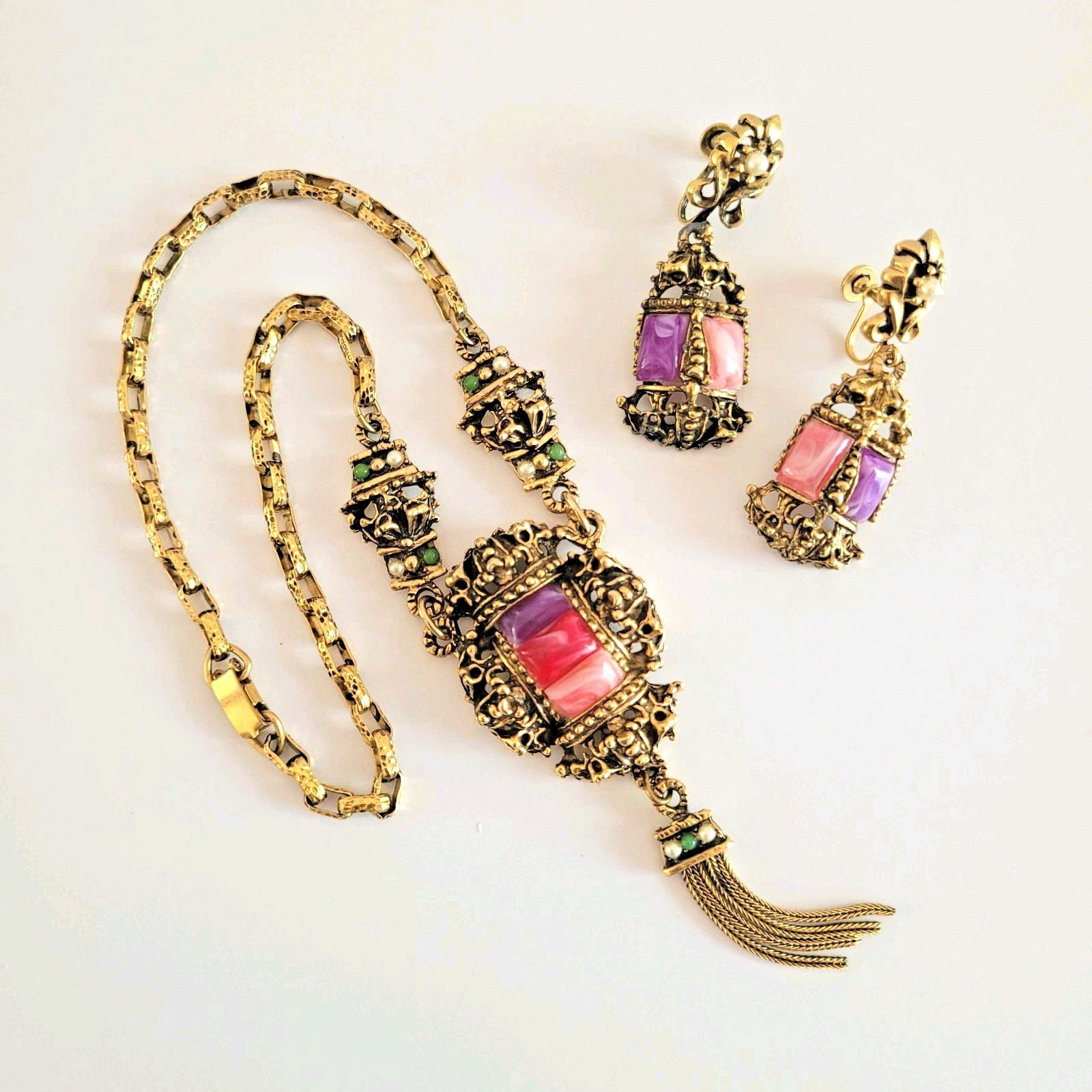 Vtg Selini Pink Purple Confetti Lucite Necklace Earring Set *Unsigned* Victorian