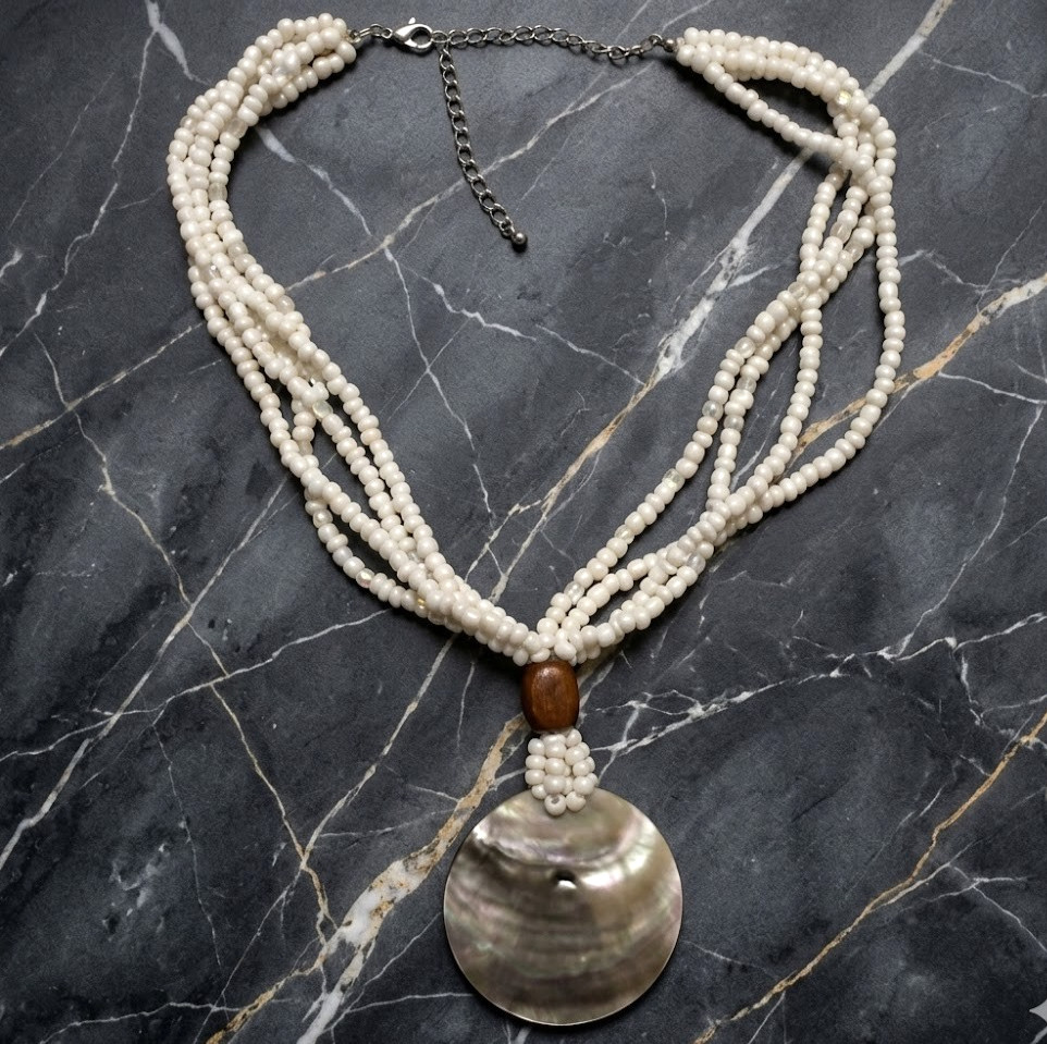 Vintage Avon Mother of Pearl Pendant Necklace White Beads Boho Beachy Statement