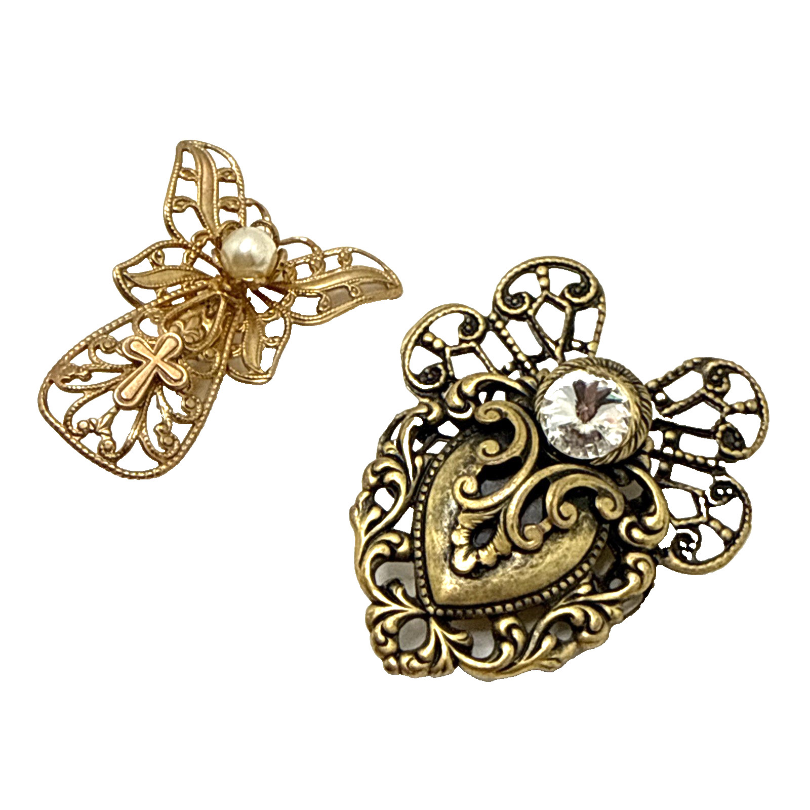 Vintage JANE Angel Brooches Ornate Bronze & Gold Tone Filigree Pins Lot of 2