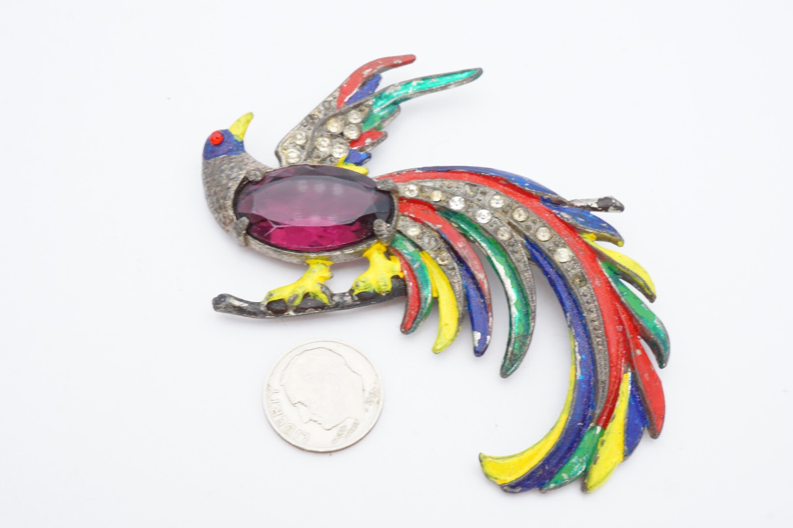 Vintage Brooch Pin Silver Tone Purple Rhinestone Enamel Peacock