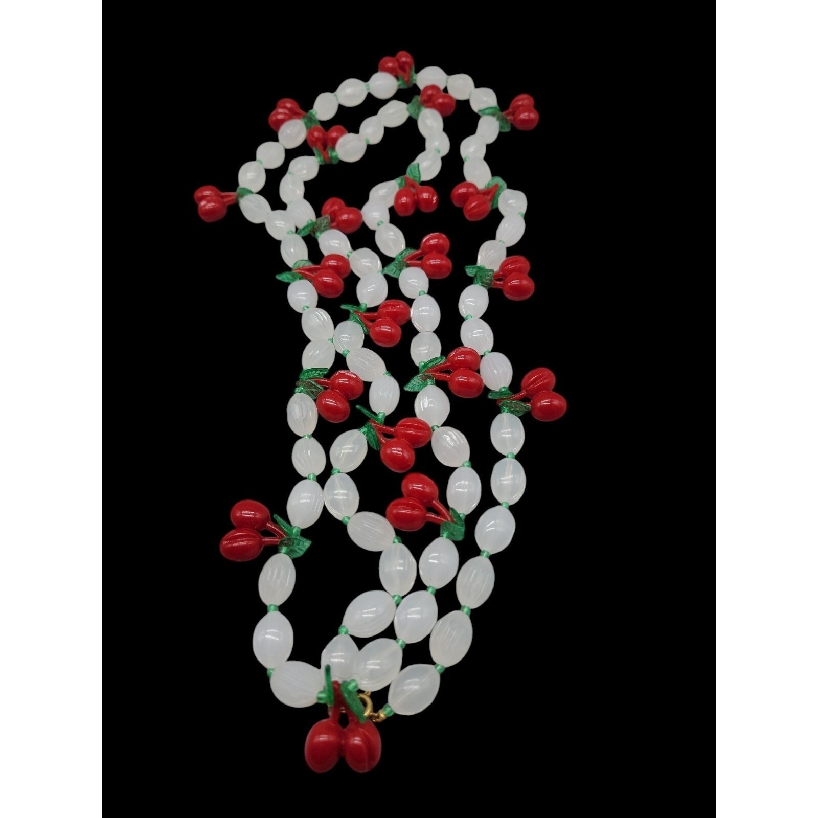 Lucite Cherry 34″ Necklace & 7″ Stretch Bracelet Red Cherries Translucent Beads