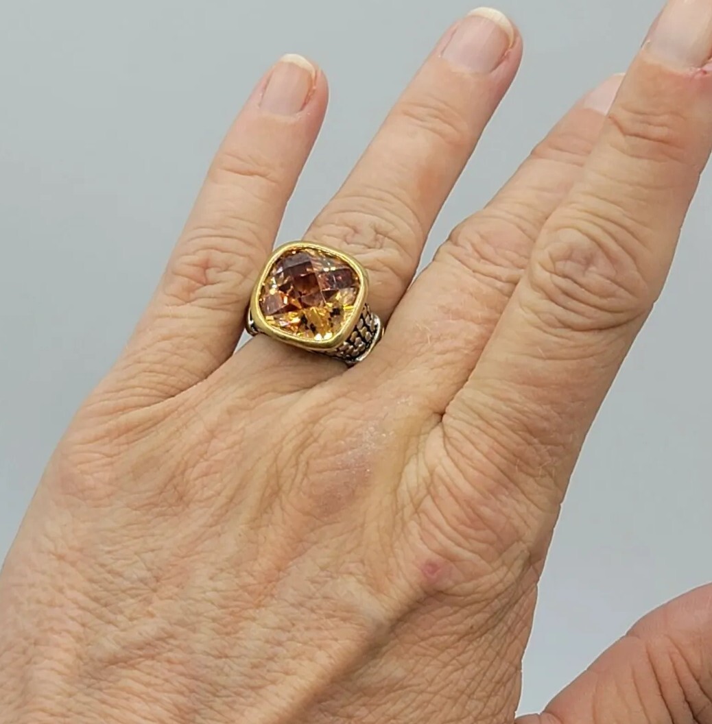 Vtg Sz 8 Ring Lg Citrine Topaz Cubic Zirconia Roman Brutalist Theme Jewelry Dot