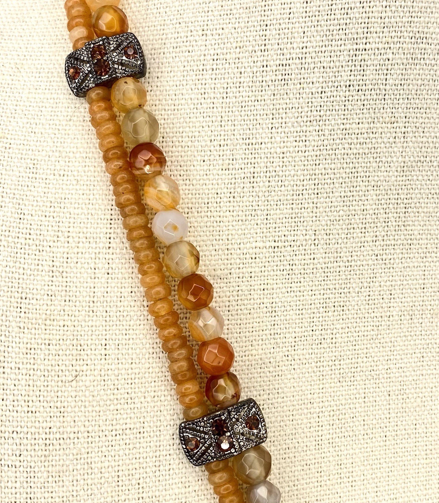 Vintage Silver Plated Banded Caramel Agate Necklace Pendant Two Strand Estate