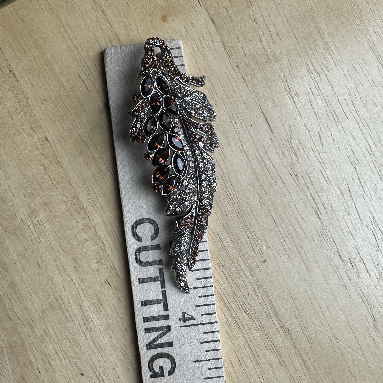 VTG Statement Leaf Floral Brooch 3.5 Inch Amber Brown Rhinestone Crystal Rhodium