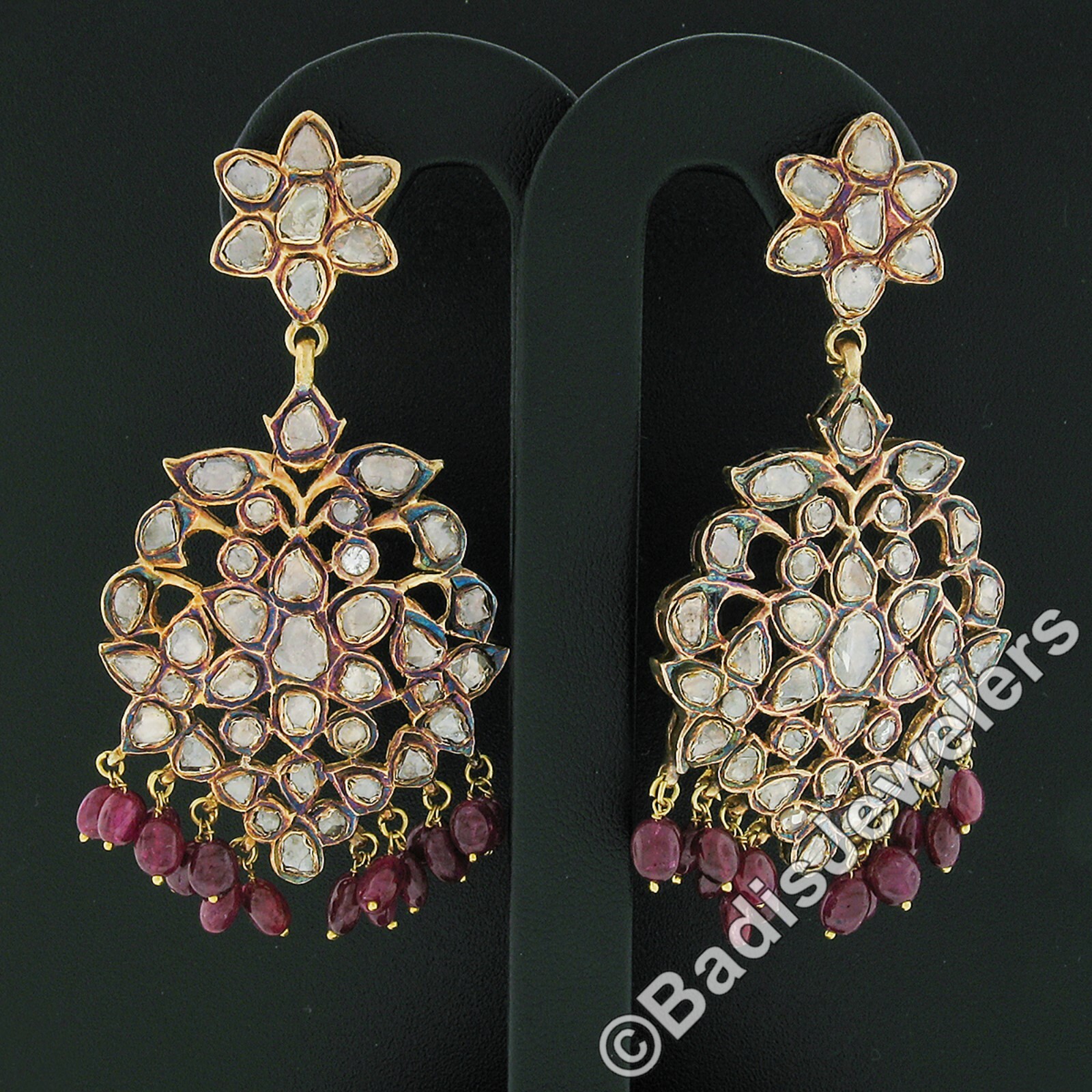 Vintage 18K Gold Rose Cut Diamond w/ Bead Ruby Drop Dangle Earring & Pendant Set