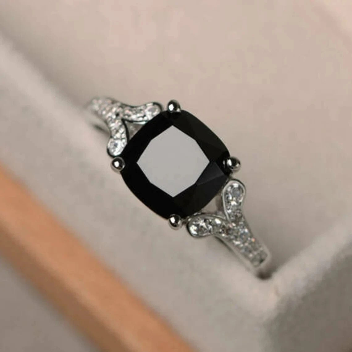 Cushion Cut Black Onyx & Lab Created Diamond Solitaire Engagement 925Silver Ring