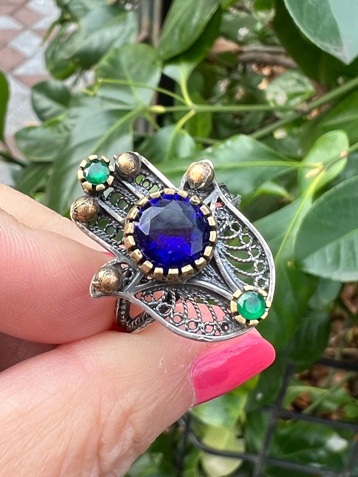 VINTAGE HAMSA VIVID BLUE GREEN PASTE GLASS STONES 925 STERLING SILVER UNIQUE