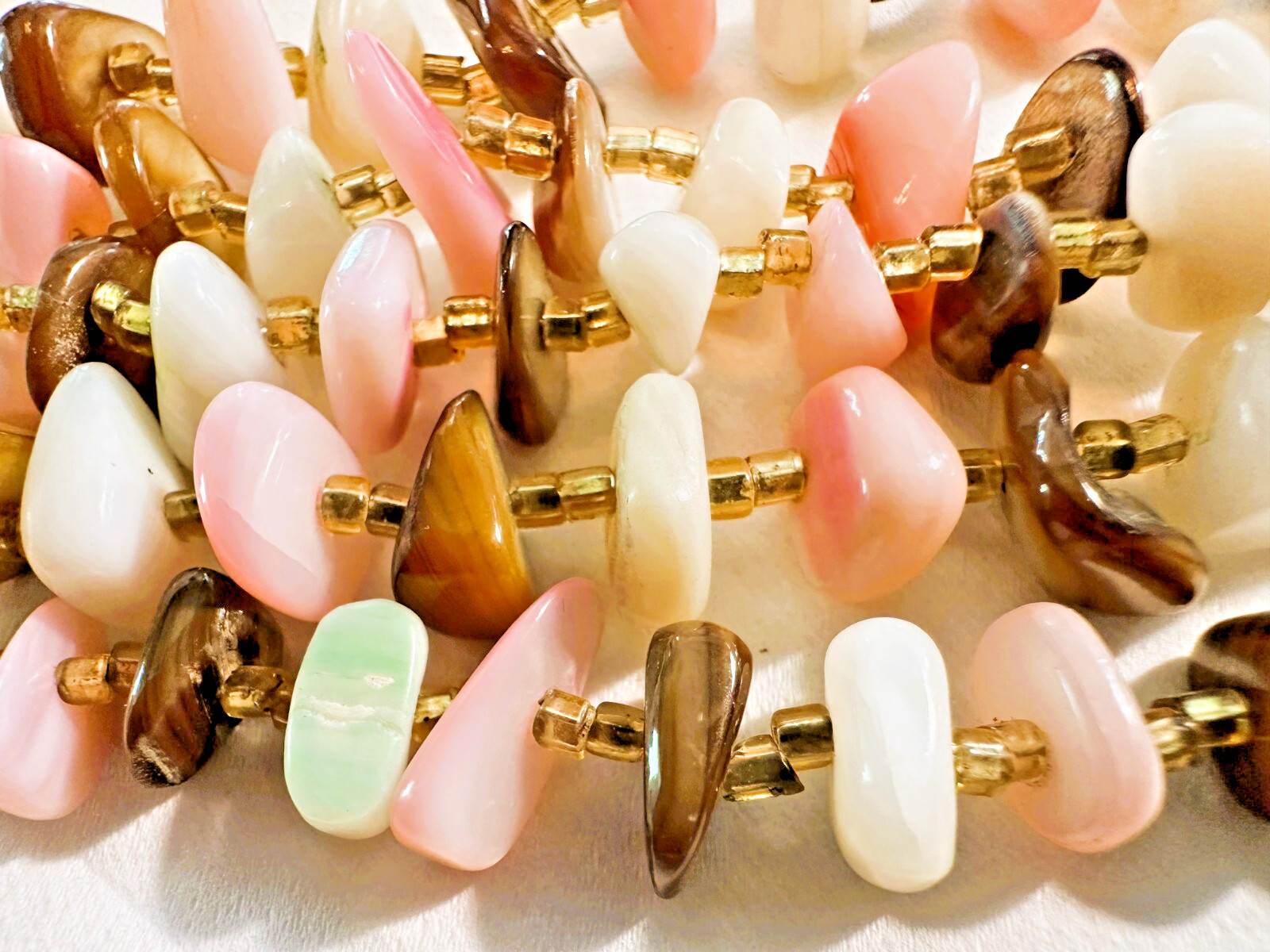Vintage PUKA Style STONE Necklace 5 STRAND Tiger’s Eye & Pink Rose White Pastels