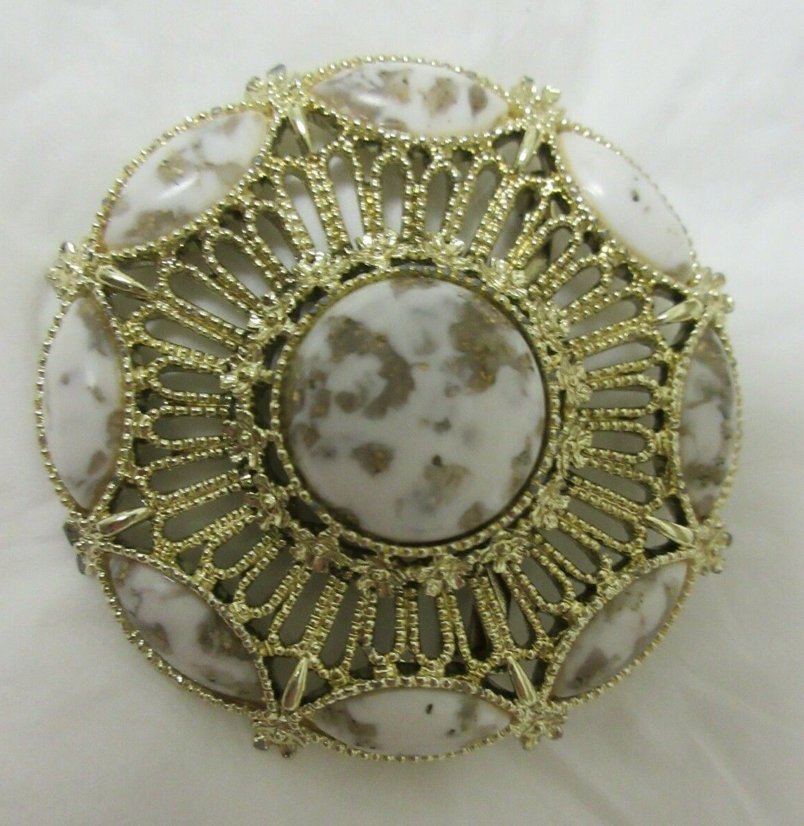 Vintage Gold Tone White & Brown with Gold Tone Flecks Thermoset Brooch