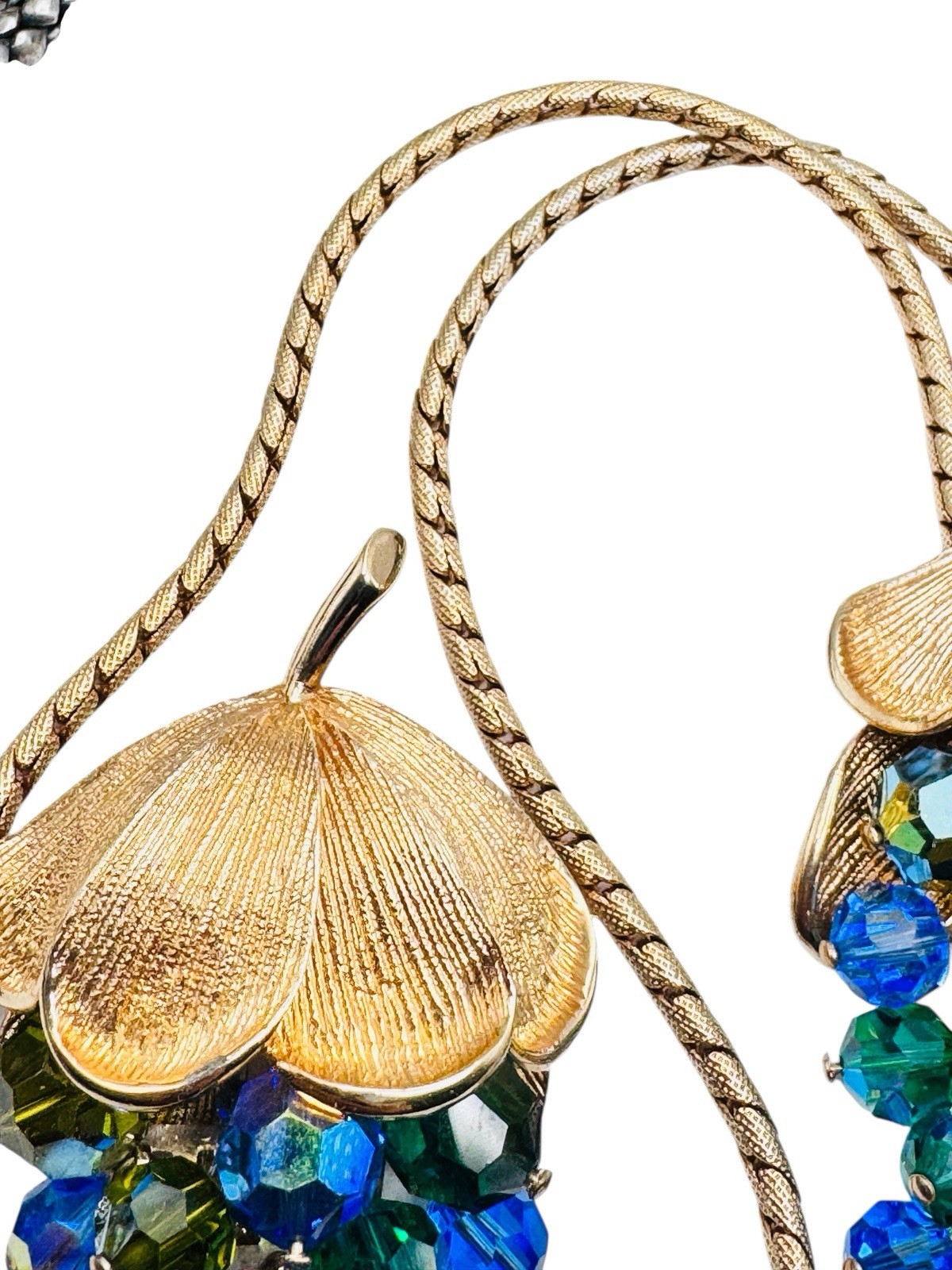 Vintage Schrager Blue Green AB Glass Dangle Bead Necklace Brooch Earrings Set