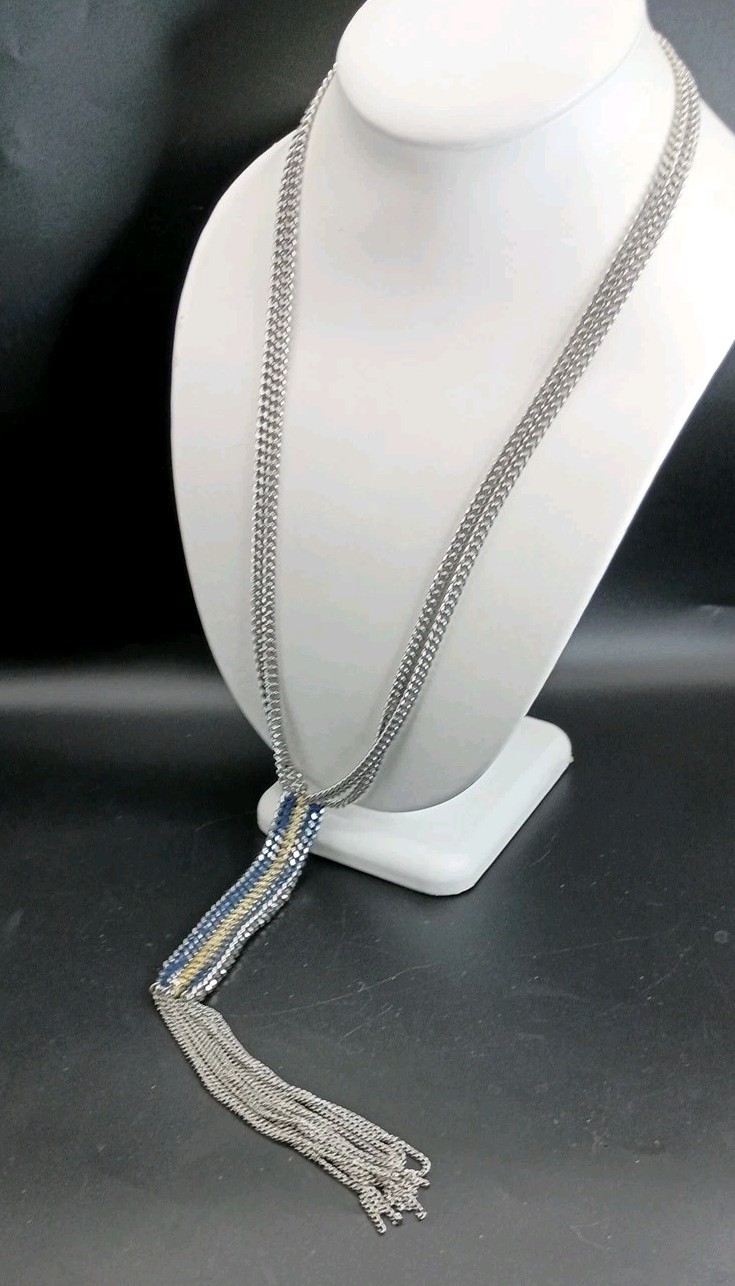 Stella & Dot Long Tassel Necklace Rhinestone Fringe Silver Tone 35″