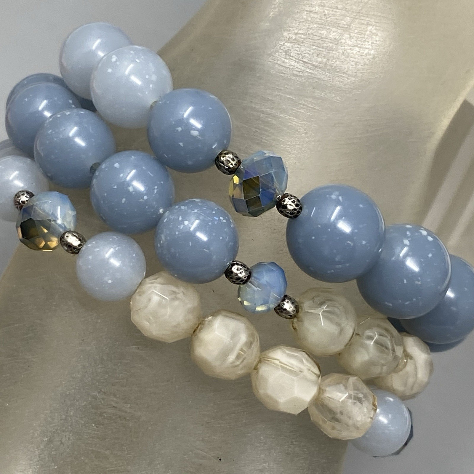 Blue Faux Stone Beaded Bracelets Set of 3 Acrylic Cream Stretch Glass Spacer 7″