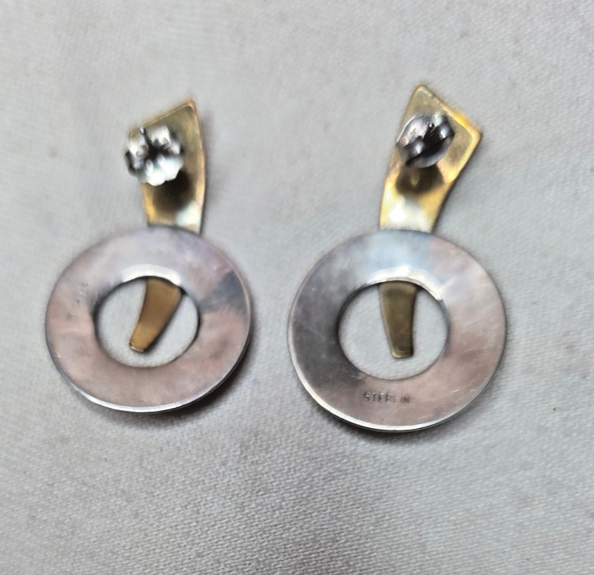 Modernist Sterling Silver Brass Vintage Nicely Detailed Earrings Two-Tone