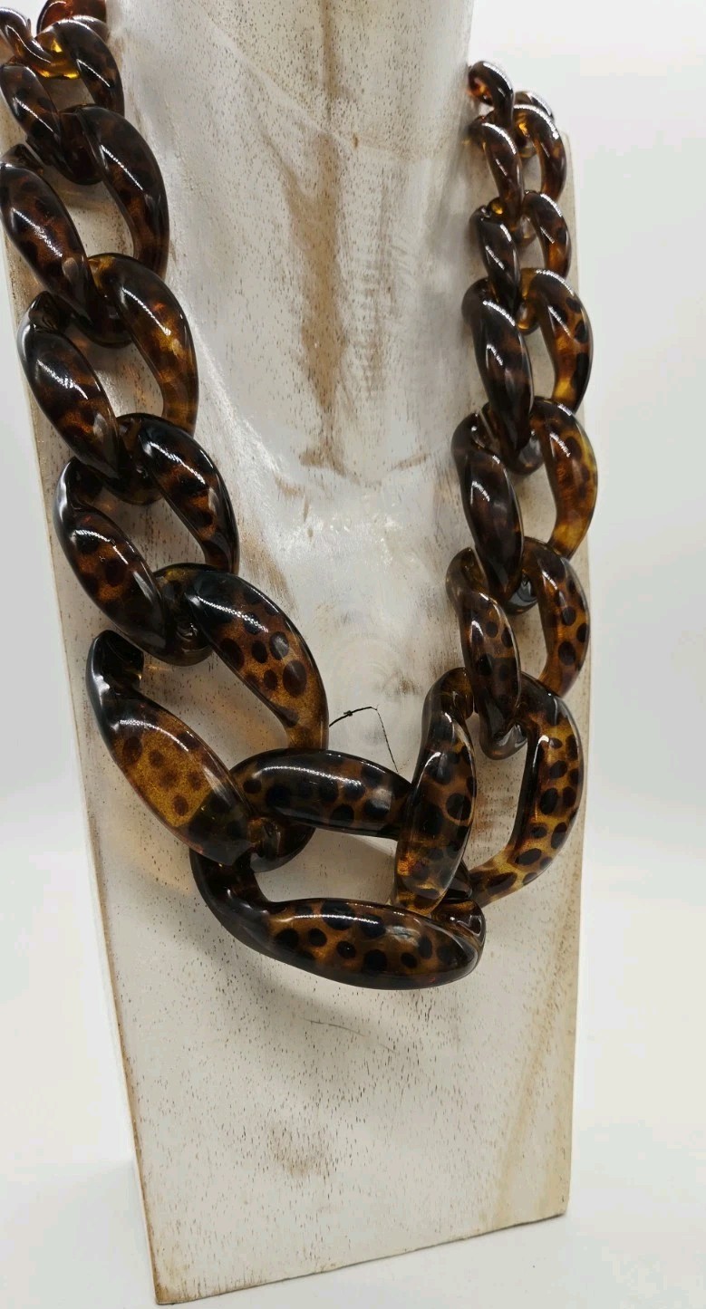 Faux TORTOISE SHELL Necklace WIDE Lucite Acrylic Chain Link Rings Graduated 23″