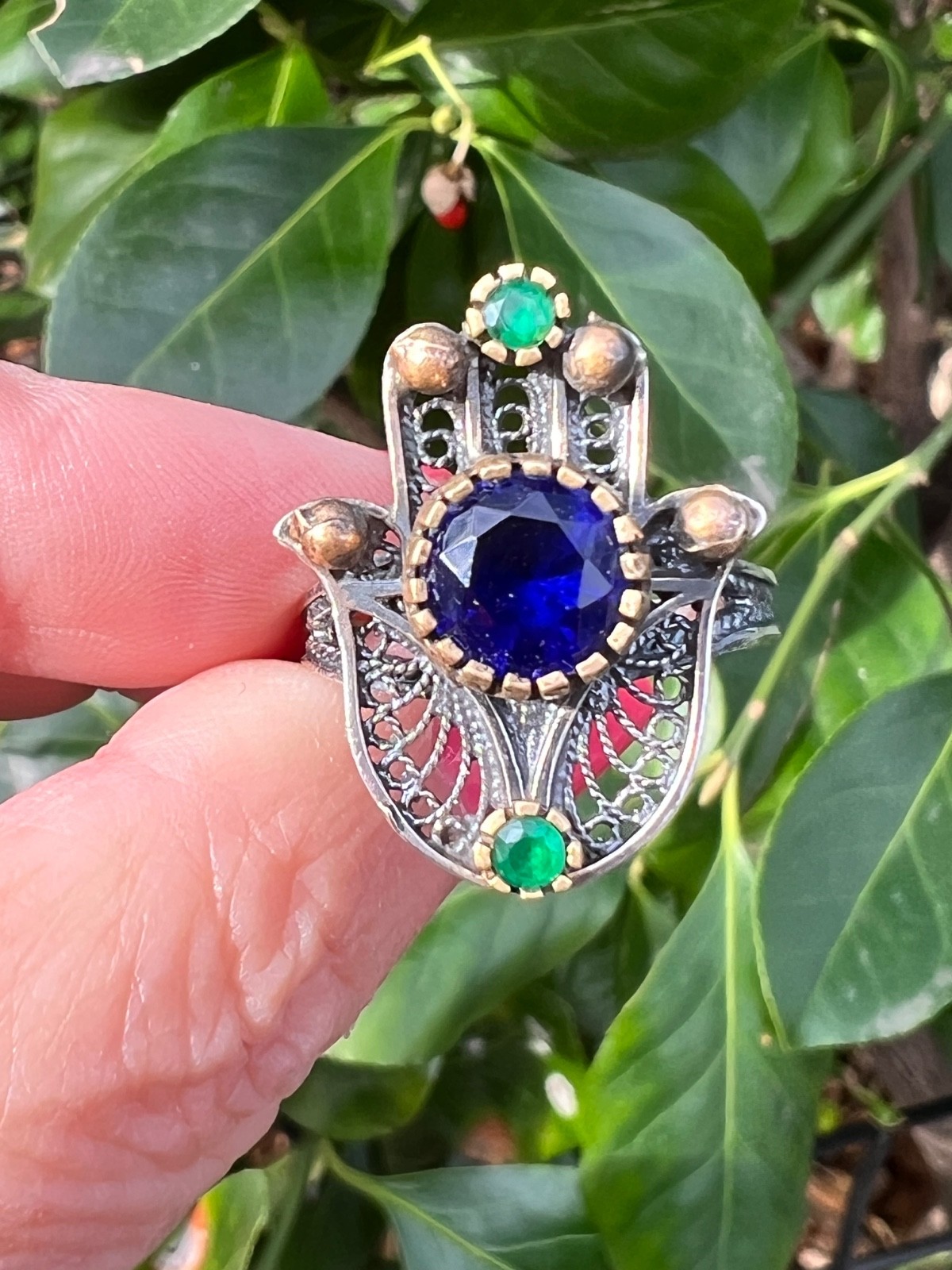 VINTAGE HAMSA VIVID BLUE GREEN PASTE GLASS STONES 925 STERLING SILVER UNIQUE