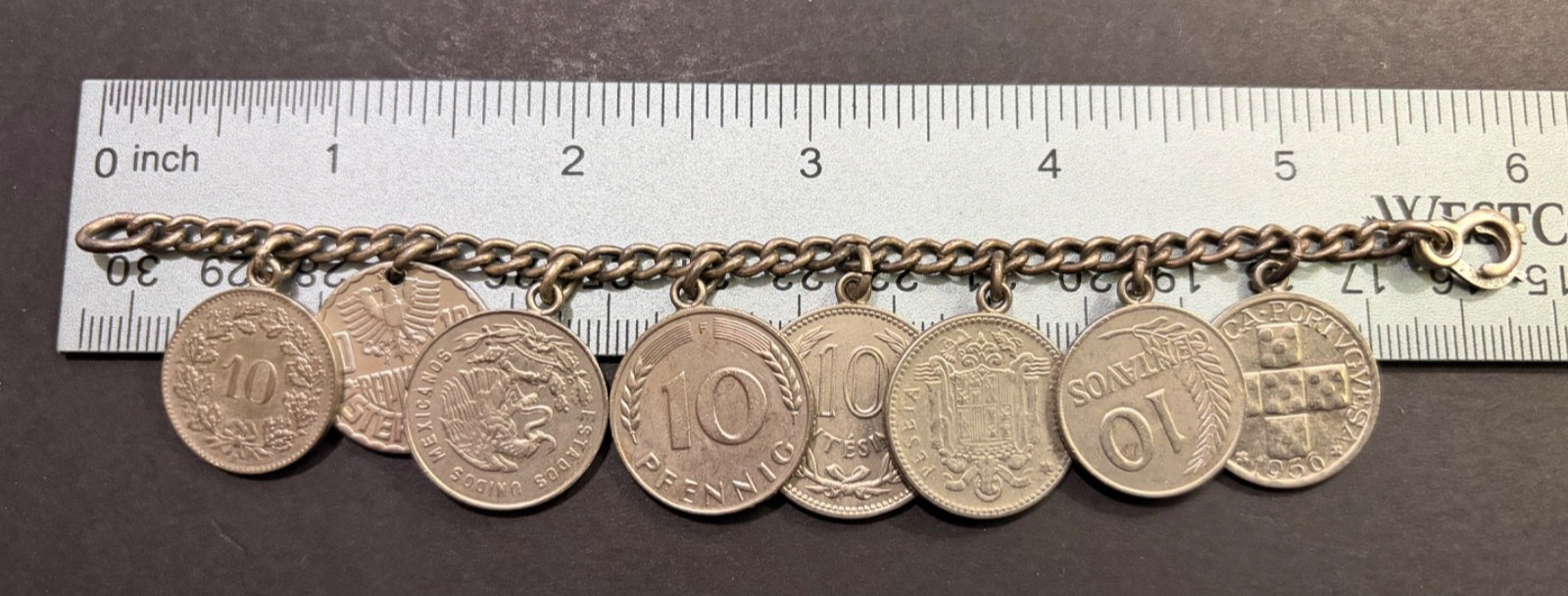 Vintage Foreign Coin Bracelet – 8 Coins – Circa 1950’s – 6″