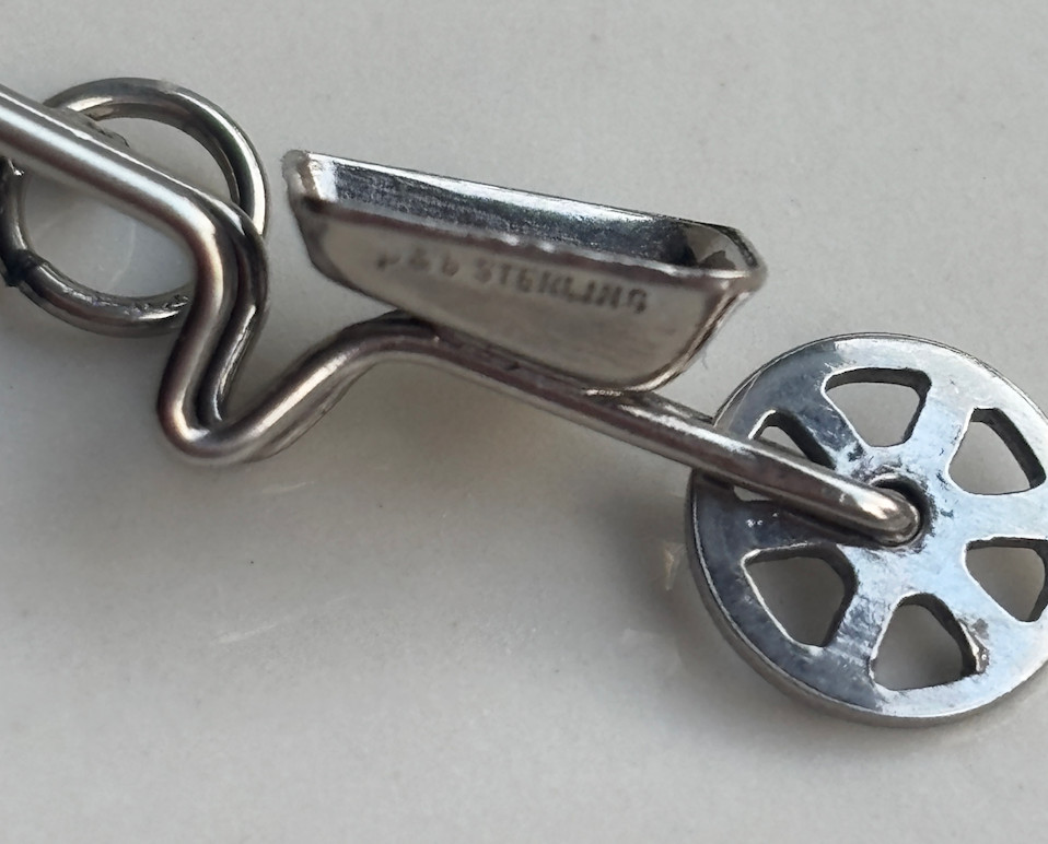 Vintage Gardening Wheel Barrow 925 Sterling Silver Marked P&B Sterling