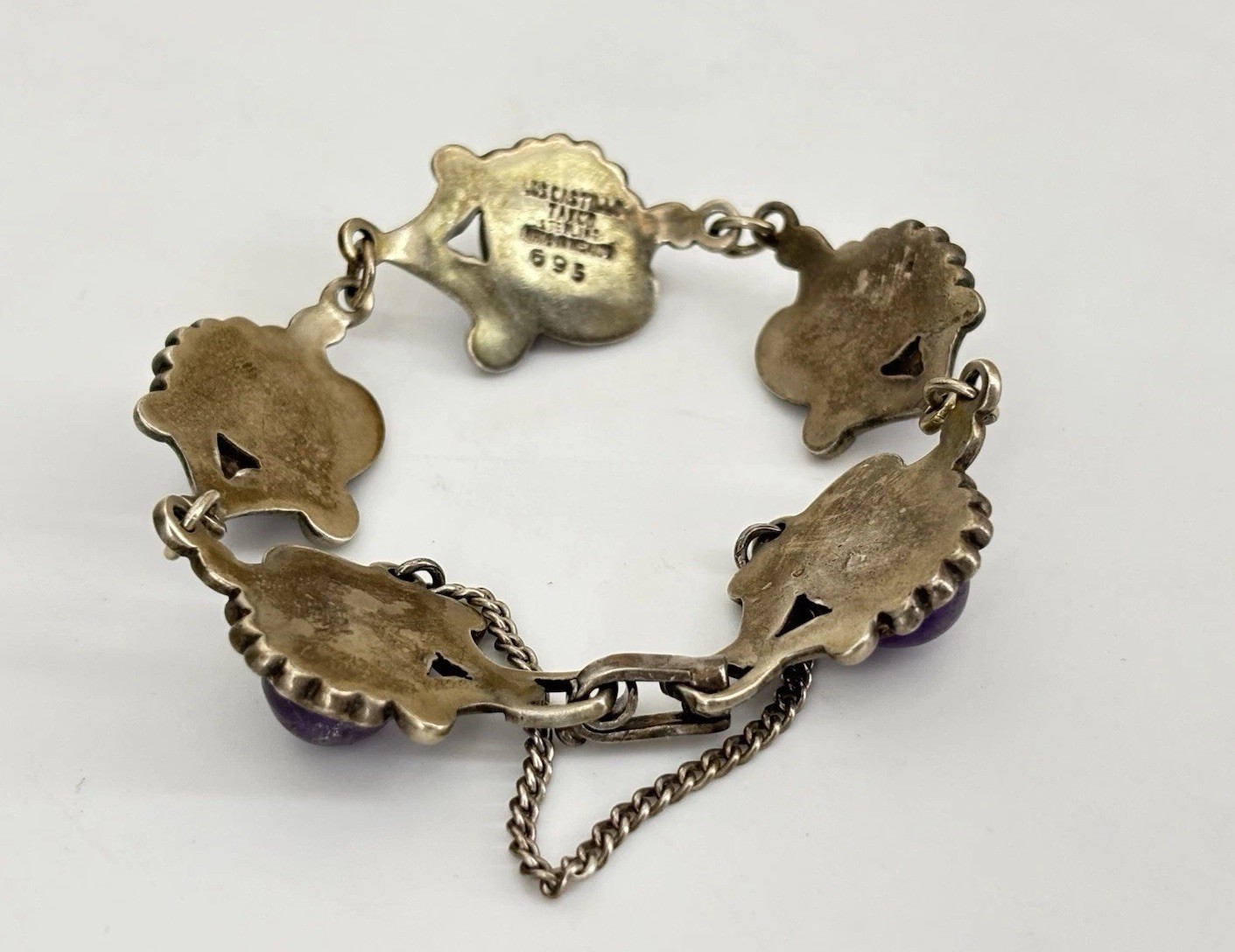 VTG LOS CASTILLO Taxco Sterling Silver Amethyst Floral Scrollwork Panel Bracelet