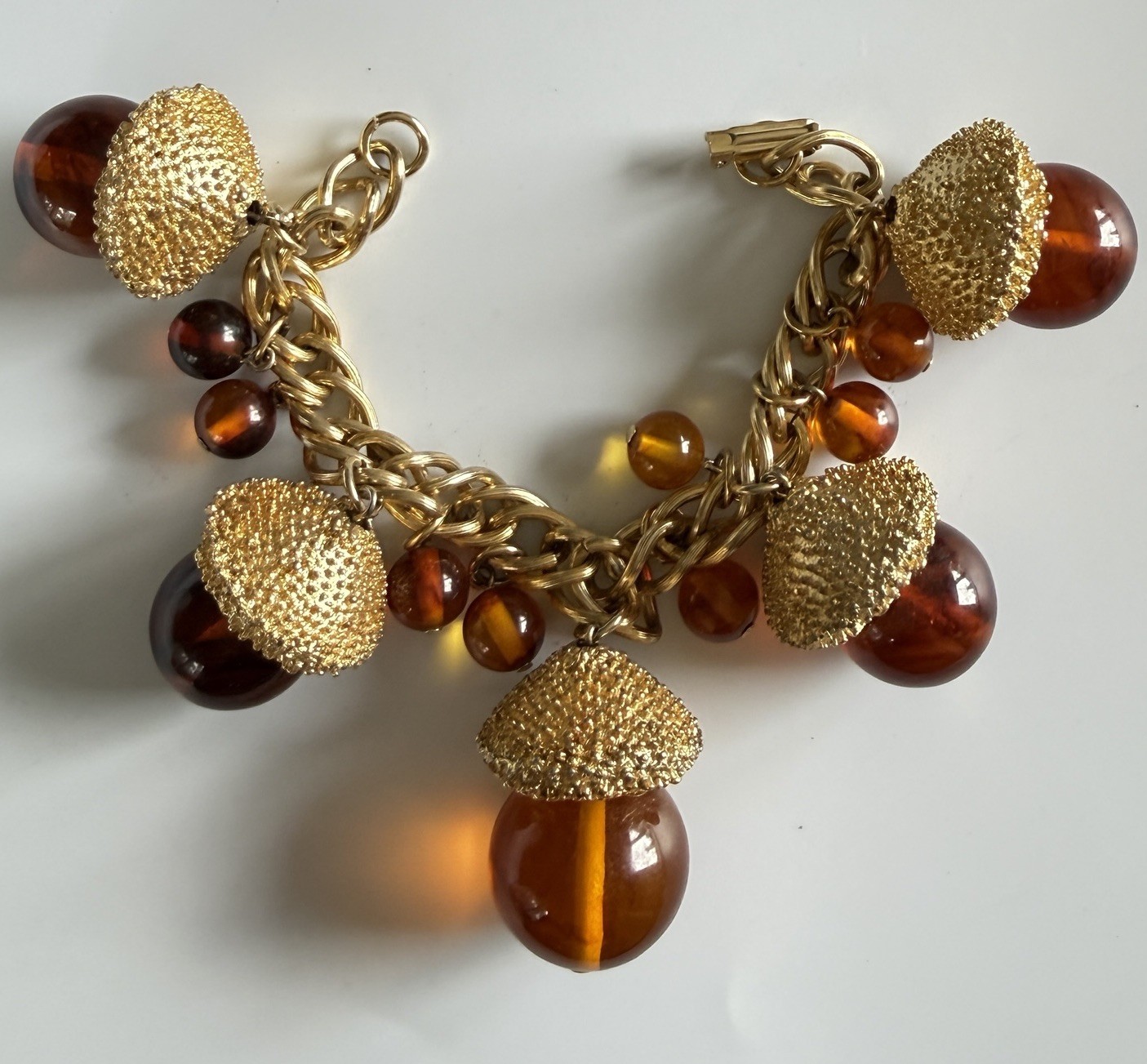 Vintage MCM Chunky Acorn Charm Bracelet Oversized Amber Glass Style Lucite Gold