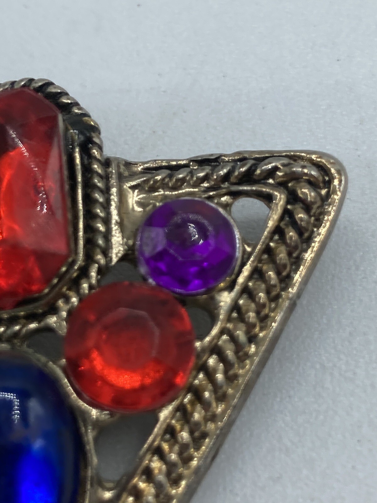 Vintage Colorful Cabochon Triangle Shaped Brooch Antiqued Gold Tone Finish Nice!