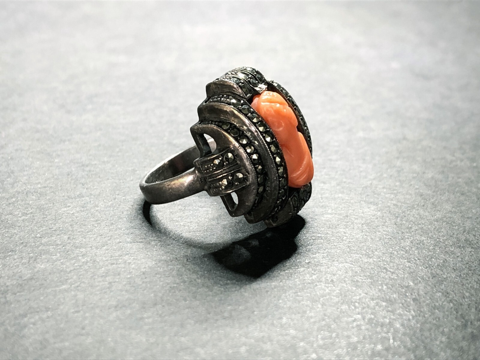 HEIRLOOM Antique EARLY VICTORIAN CORAL CAMEO Sterling Silver, Marcasite. German