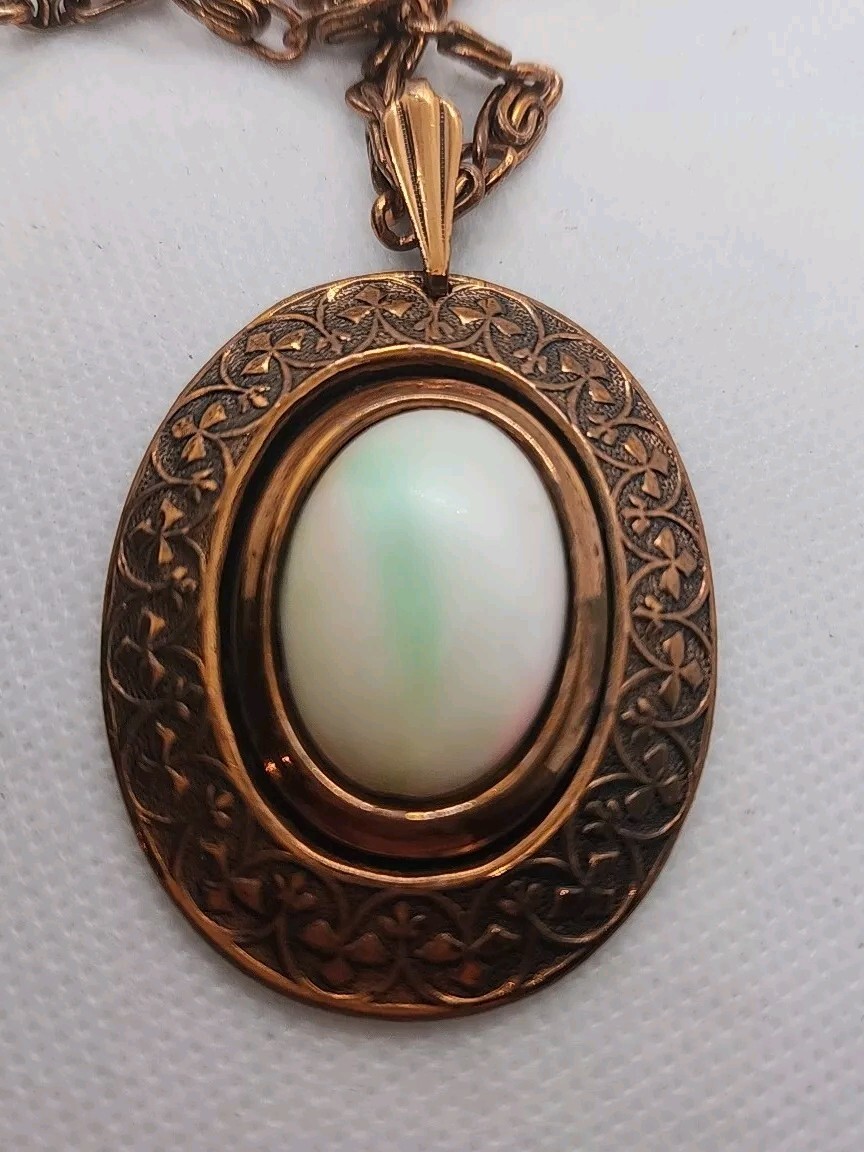 Vintage Genuine Copper 22″ Paper Link Chain Necklace Stone Resin Pendant 44G