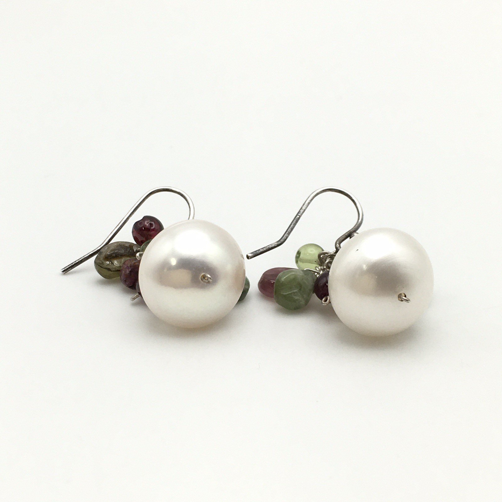 Vintage Sterling Silver Pearl Garnet Green Stone Hook Dangle Earrings 925 8g #92